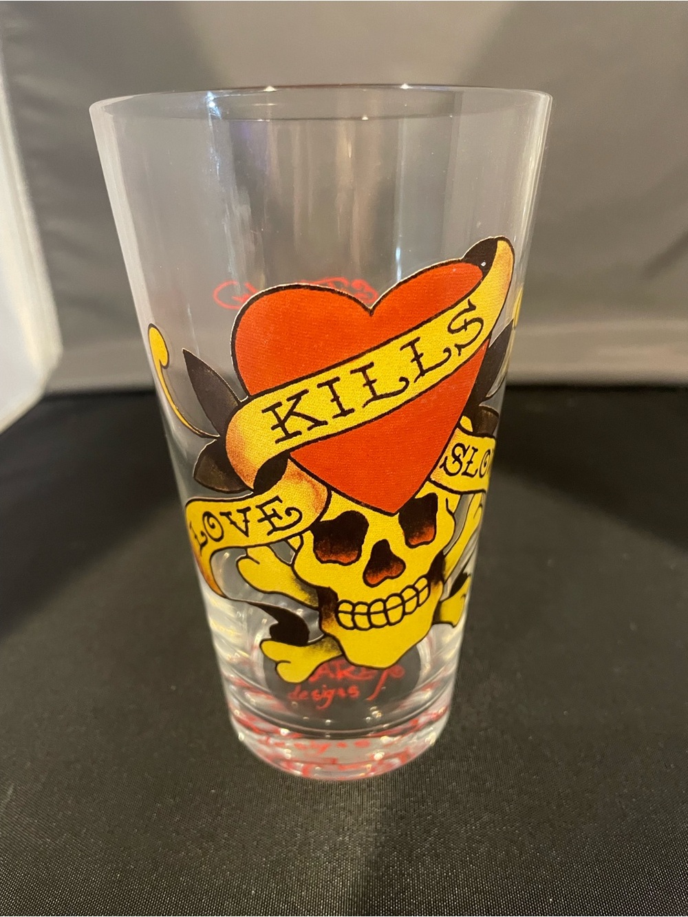 Don Ed Hardy Hi Ball Drinking Glass “Love Kills Slowly” Vtg 14 oz